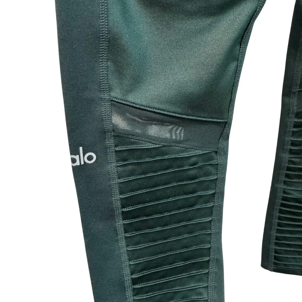 ALO Yoga Moto Leggings High Waist Ribbed Olive Green‎ Athletic Activewear